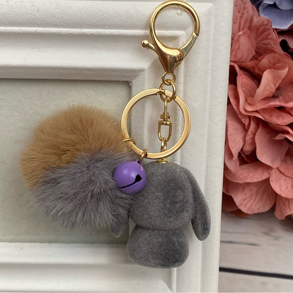 Gray Felt Bunny Rabbit Charm with Gray Pom Pom Keychain - Picture 6 of 11